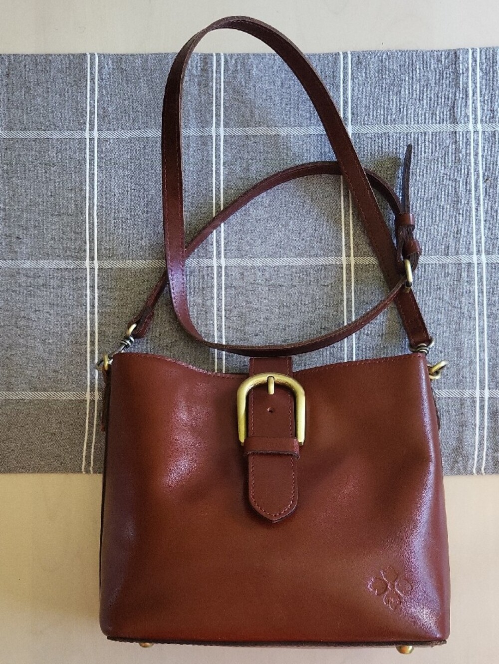 Patricia Nash Saddle Brown Leather Crossbody with Gold Buckle